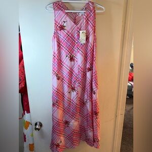 Johnny Was 3J Workshop Pink Plaid Floral Embroidered Sleeveless Dress NWT Size S